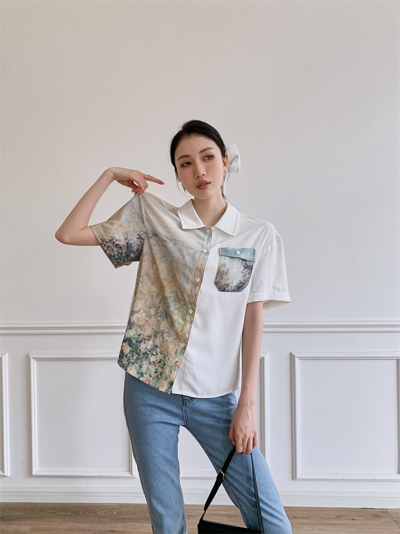 Camisa con botones paisaje impresionista