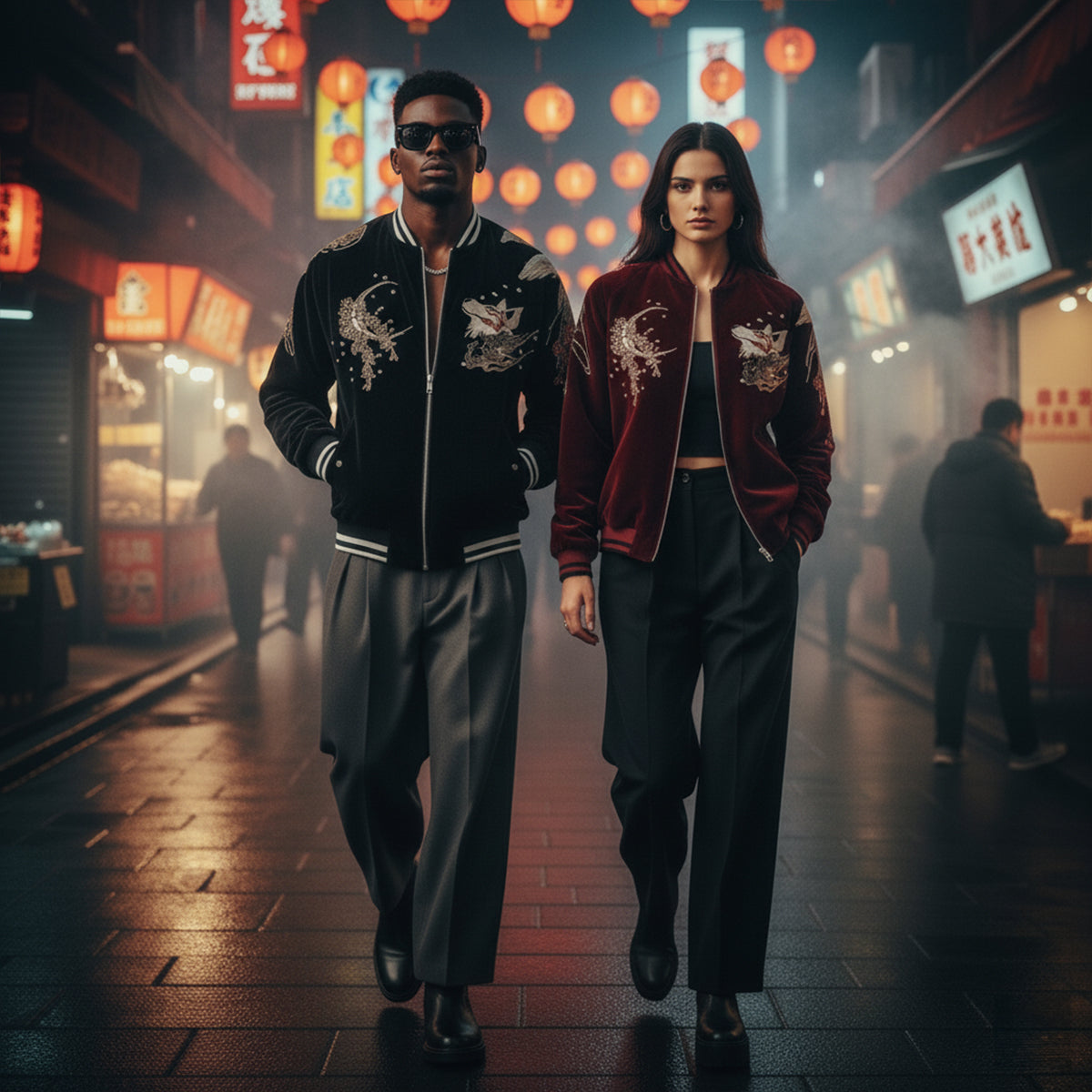 Kitsune Spirit Sukajan Bomber Jacket (Black & Red)