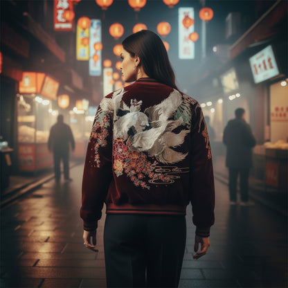 Kitsune Spirit Sukajan Bomber Jacket (Black & Red)