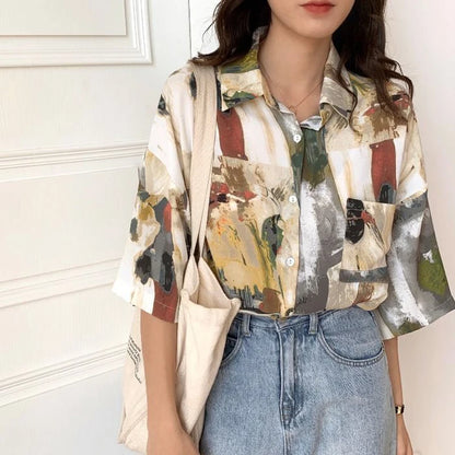 Oil Painting Inspired Button-Up Blouse