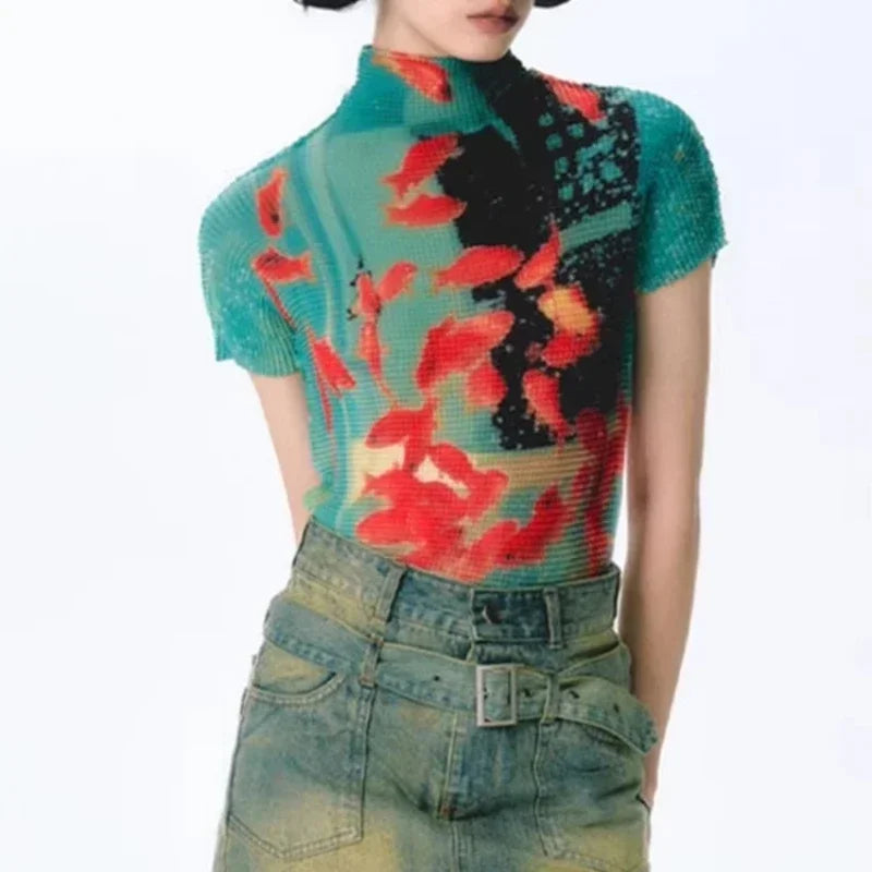 Vintage Graphic Mock-Neck Crop Top