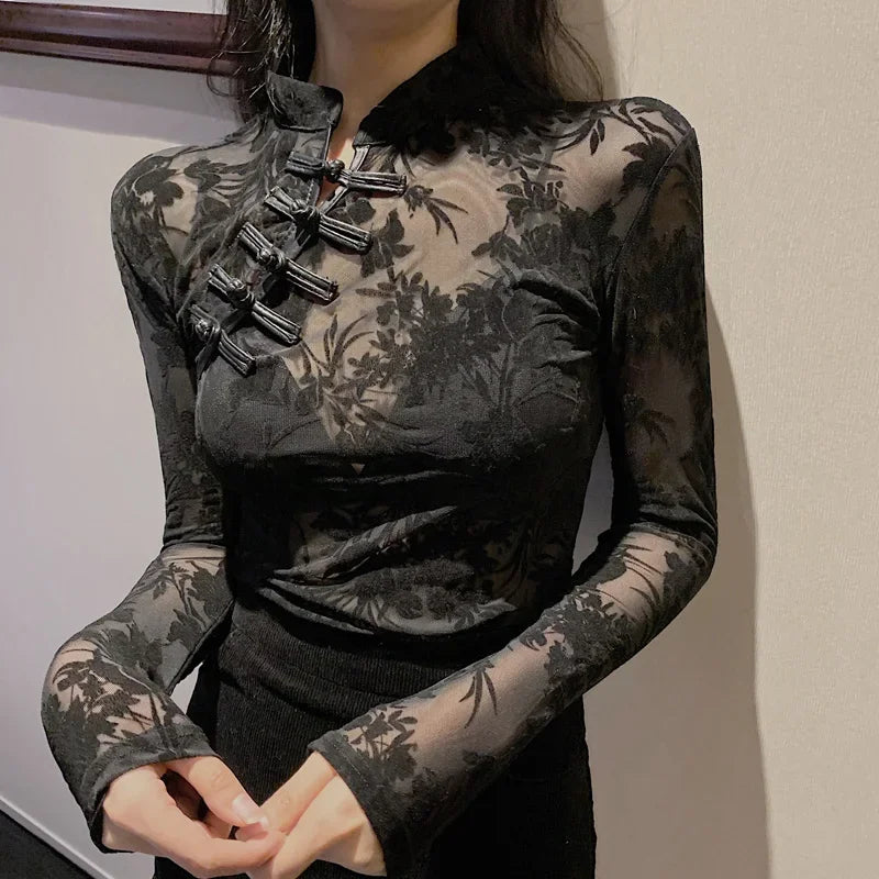 Black Lace Sheer Turtleneck Top