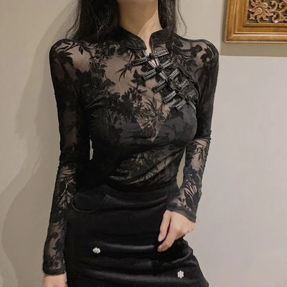 Black Lace Sheer Turtleneck Top