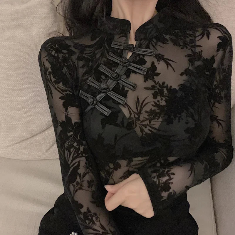 Black Lace Sheer Turtleneck Top