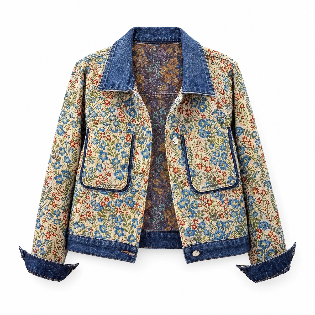 floral patchwork denim jacket flat lay on white background