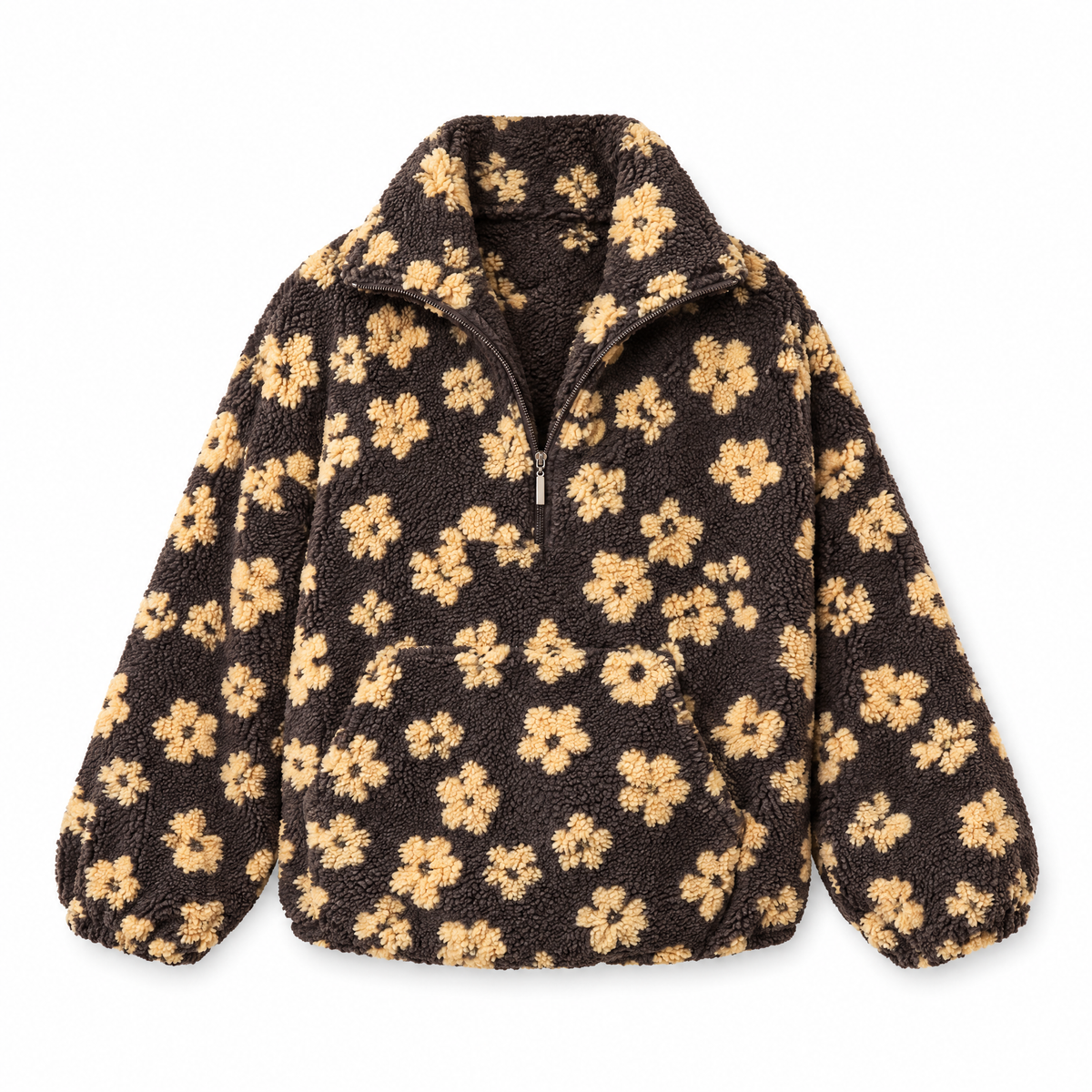 floral sherpa coffee flat lay on white background