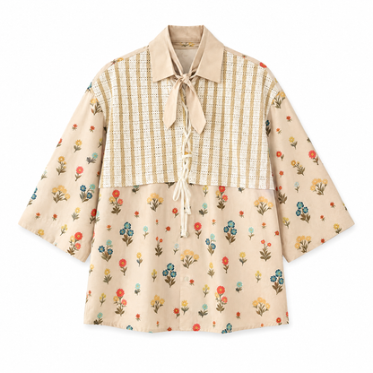Botanical Patchwork Short Sleeve Shirt Khaki flat lay on white background