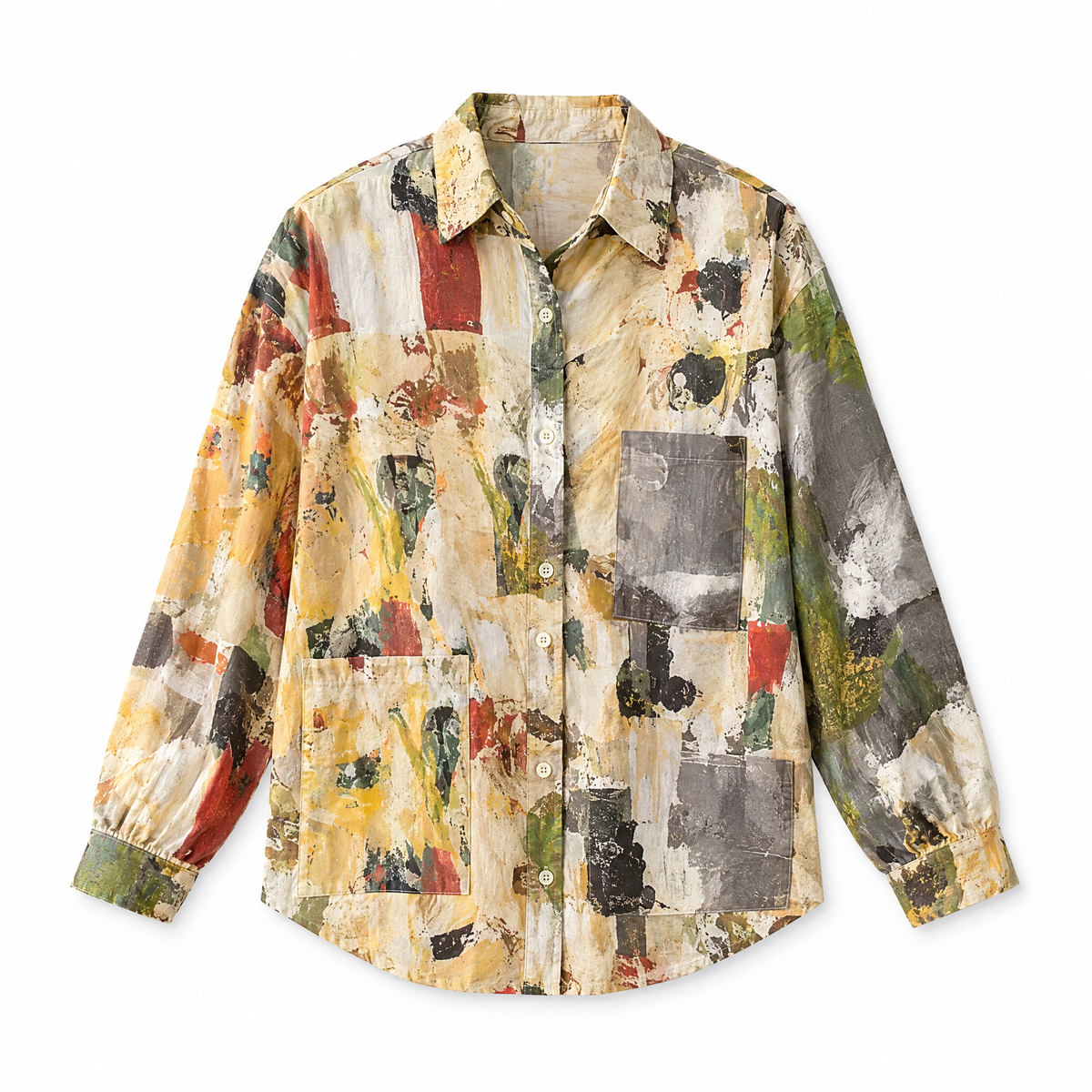 Oil Painting Inspired Button-Up Blouse Long sleeve flat lay on white background