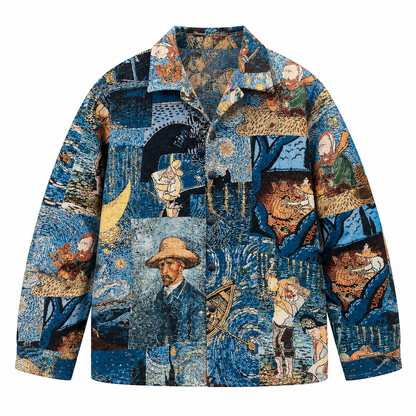 Van Gogh’s Painted World Jacket — blue art collage front flat lay