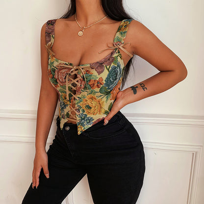 Rococo Floral Lace Up Corset Top