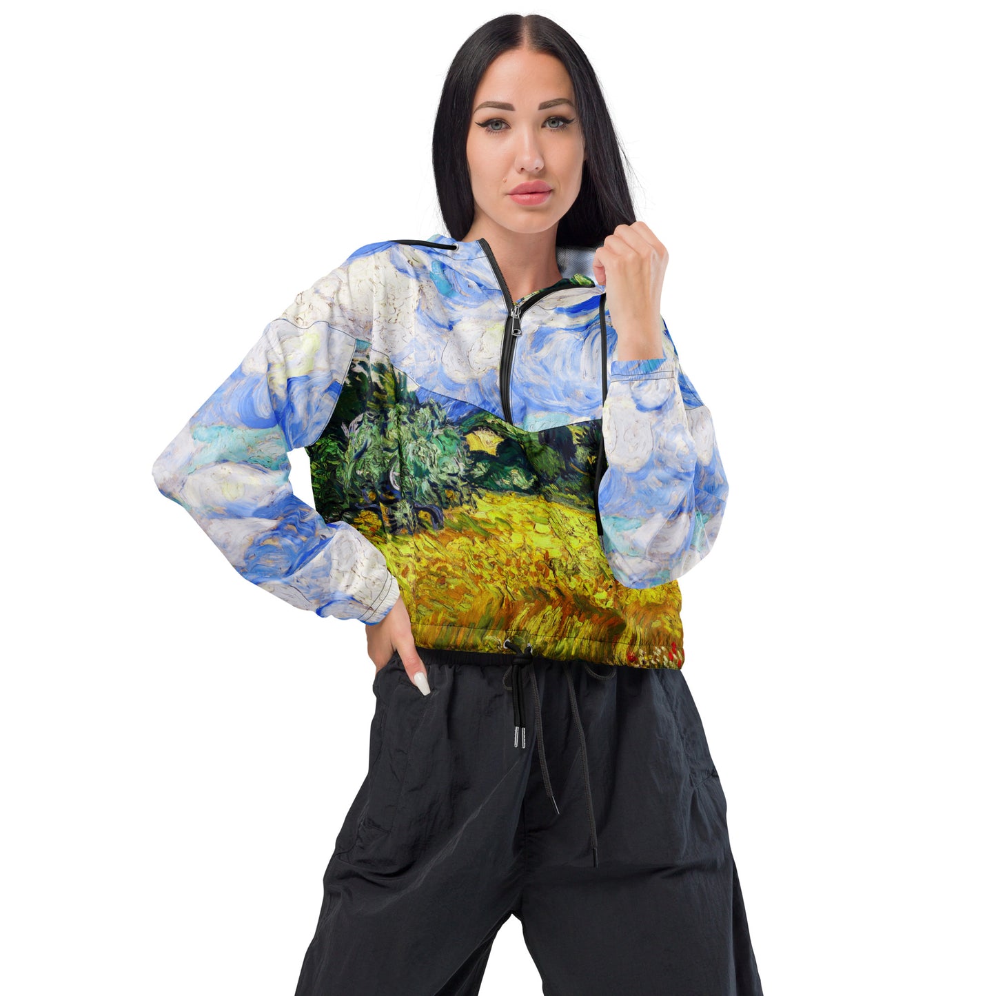 Wheat Field with Cypresses cropped windbreaker